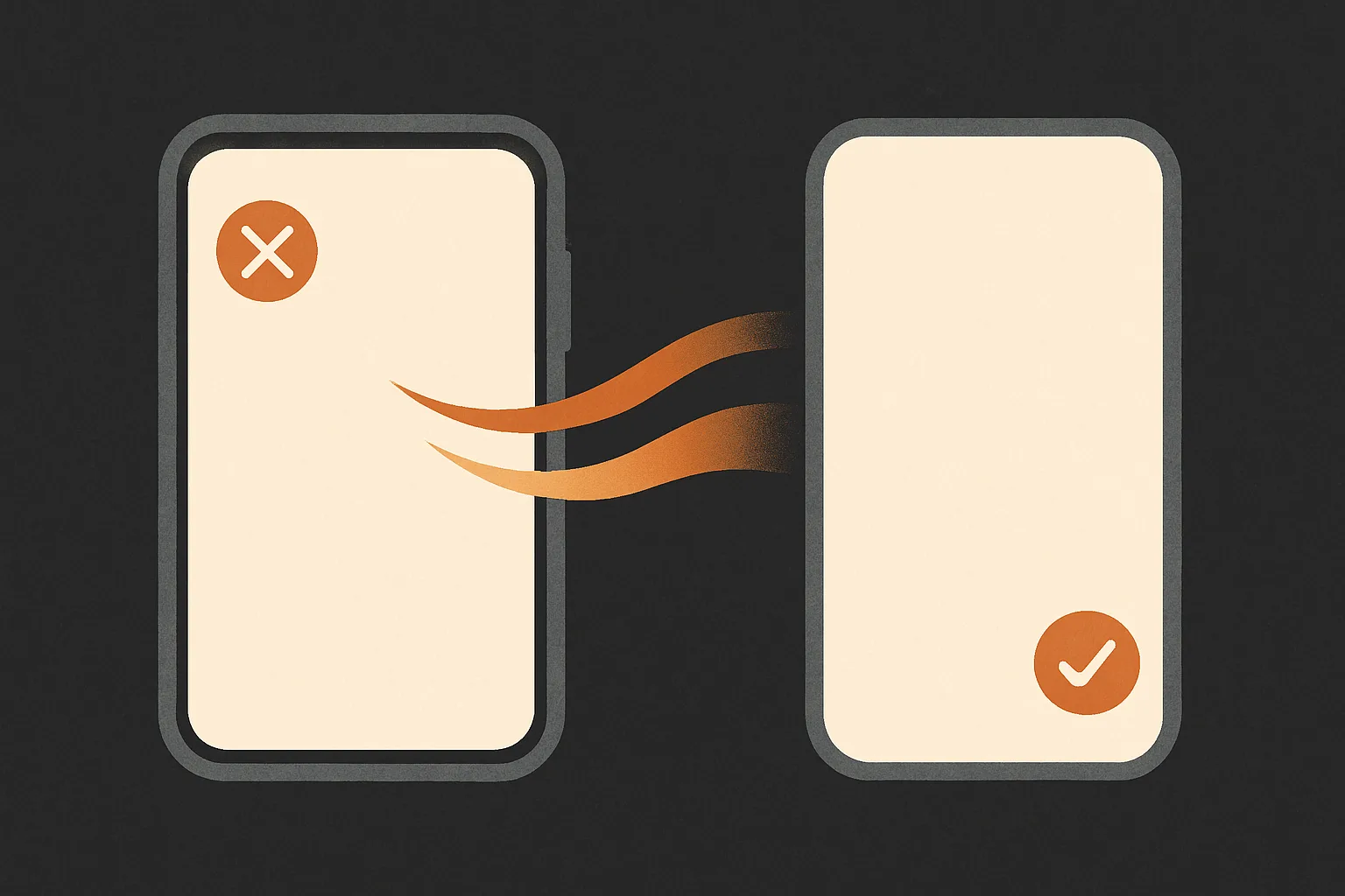 A phone screen with a red review mark next to a corrected, approved version