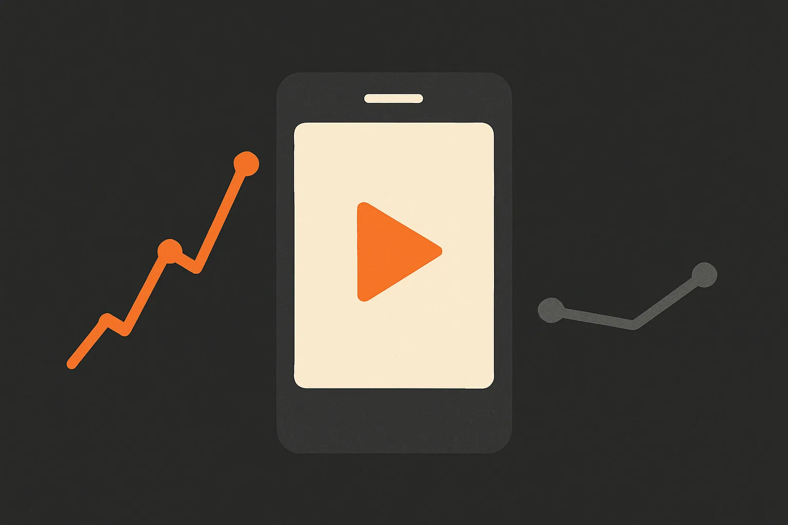 A phone screen with an upward line chart on one side and a flat line on the other