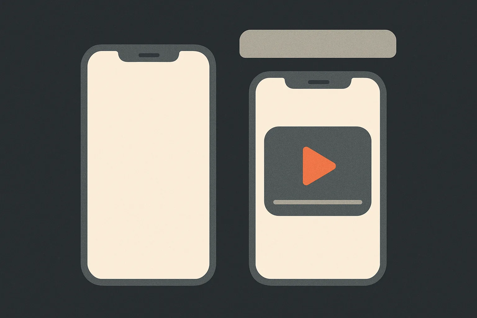 Two phone screens side by side, one with a play triangle inside a rounded rectangle and one plain