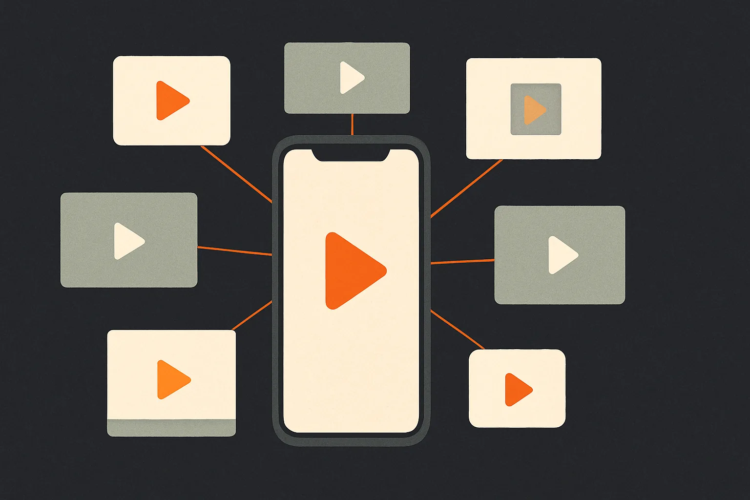 One phone screen in the middle with six smaller frames of different shapes arranged around it